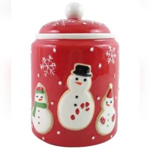 Hallmark 2011 Red Ceramic Christmas Snowman Cookie Jar Snowflakes EUC